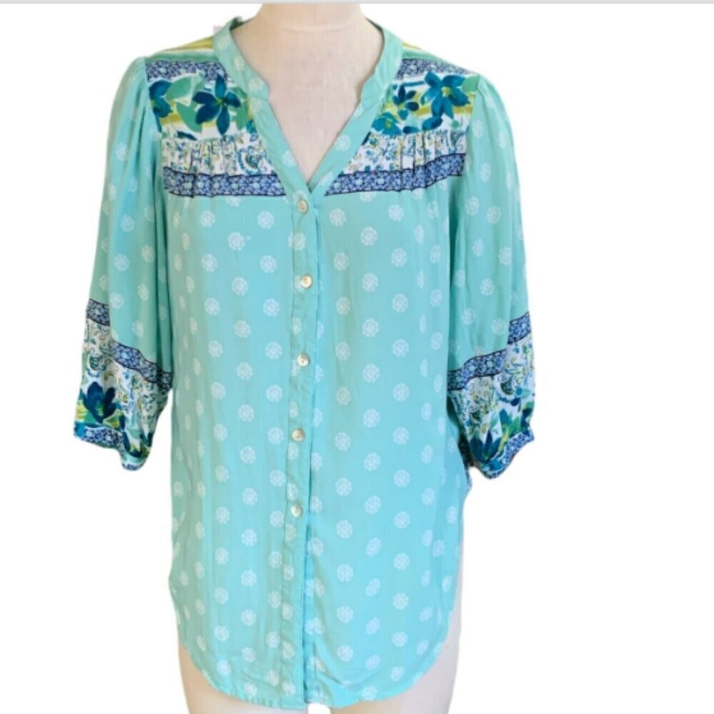 Figueroa & Flower Top BOHO Floral Button Up V-Neck Sz‎ PL #354G